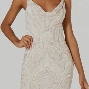 Jump Strapless Cowl Neck Lace Dress in Blush Ivory